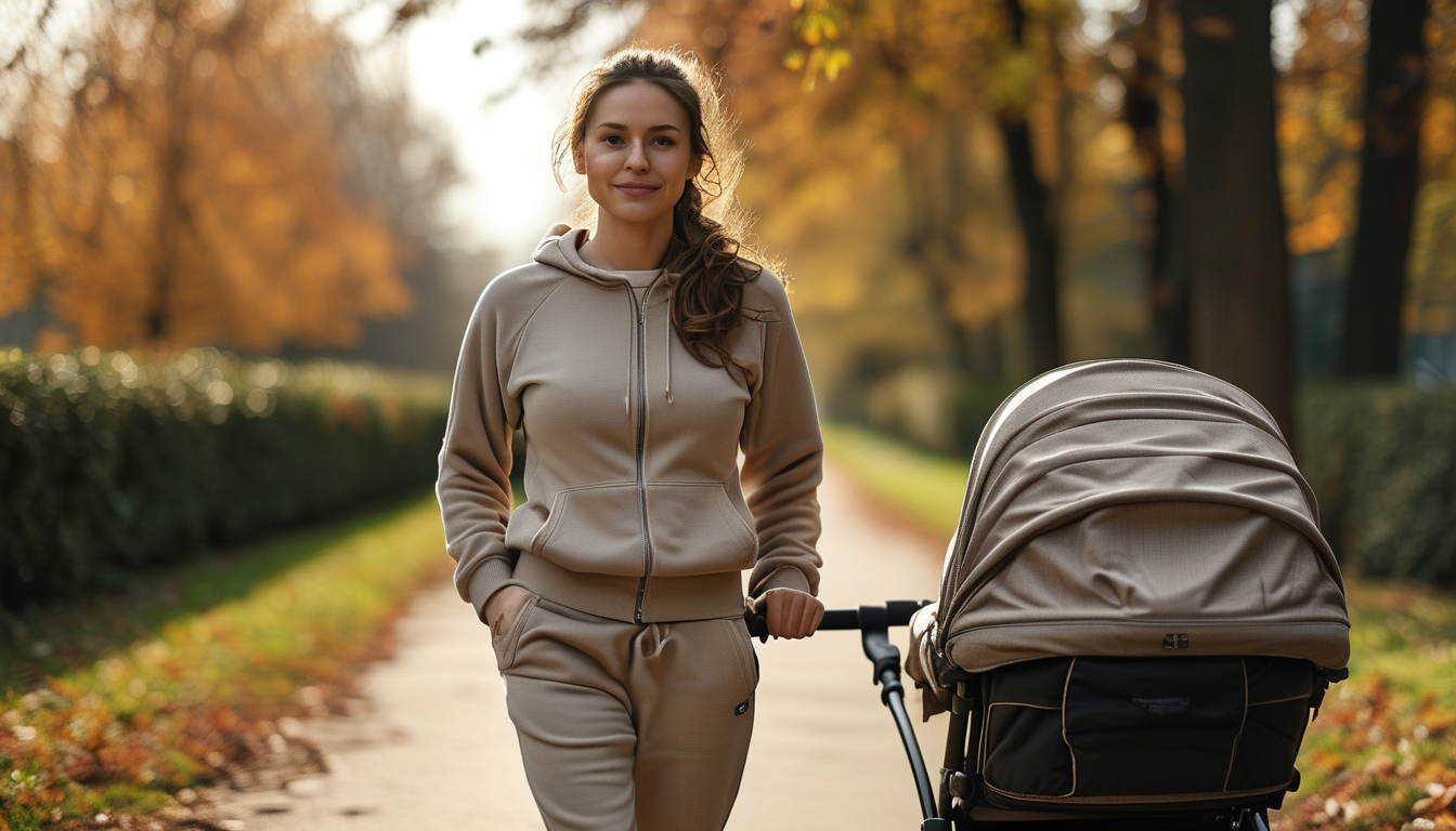 Postpartum woman walking with a stroller