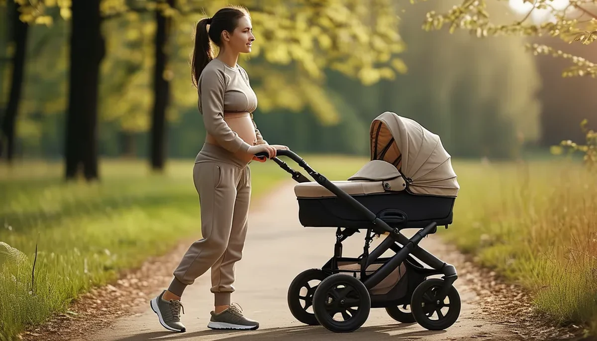 Woman taking a stroller walk for gentle postpartum fitness