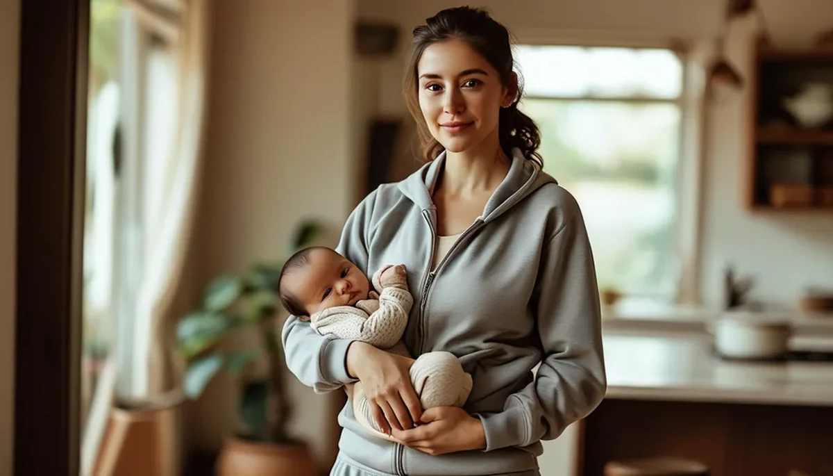 New mom in comfortable activewear holding her baby